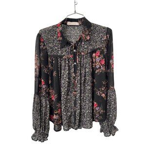 Leela and Lavender Floral Blouse Size Small Button Front Long Sleeve Whimsigoth
